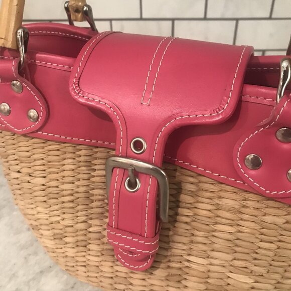 Miche Straw Basket Handbag Womens Pink Leather Trim Bamboo Handles Insert Tote - Picture 4 of 10